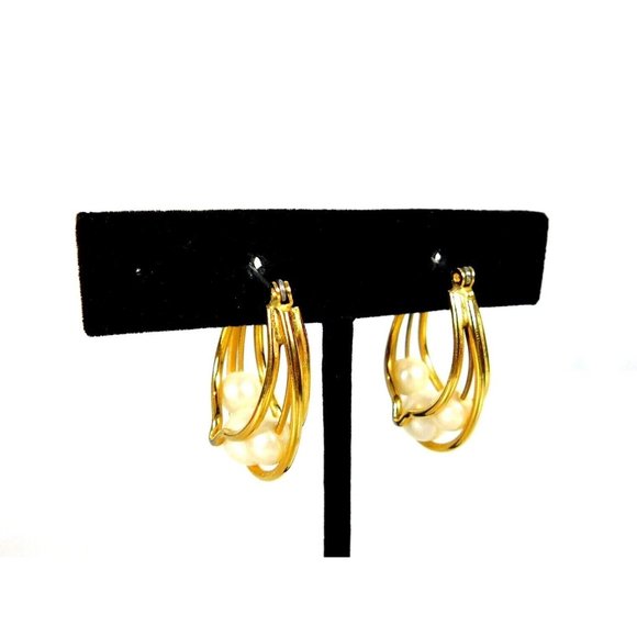 Faux Pearl Triple Wire Hoop Gold Tone Earrings Hinged Closure Pierced Ears - Picture 1 of 9